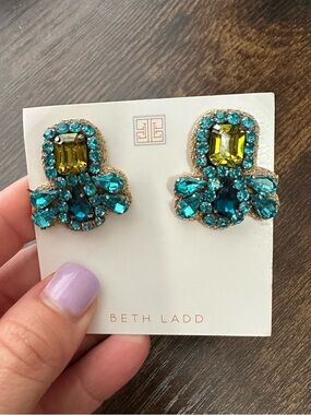 Beth Ladd Teal & Chartreuse Crystal Statement Earrings